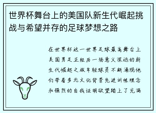 世界杯舞台上的美国队新生代崛起挑战与希望并存的足球梦想之路