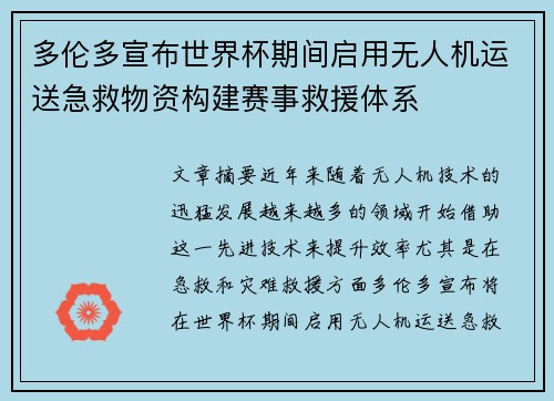 多伦多宣布世界杯期间启用无人机运送急救物资构建赛事救援体系